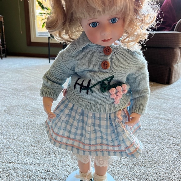 Porcelain Doll w/ Stand. 19” tall, by Milestone. Look at those aweet blue eyes! - Picture 2 of 4